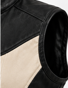 Gilet moto en cuir pour homme, col montant, fermeture éclair, color-block - Product Image 3
