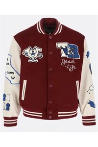 Veste universitaire unisexe en tissu de laine écologique, patchwork polyester/coton, badge brodé sur le devant, col rabattable simple - Product Image 4