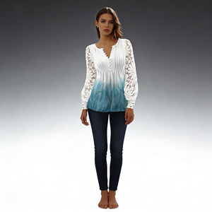 Oferta especial en Temu: Blusa de moda con estampado degradado, mangas de encaje, cuello en V y botones, estilo casual para mujer. - Product Image 2