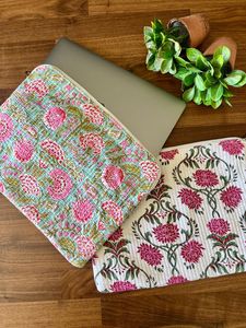 Handmade Quilted Cotton Laptop Sleeve Bag Boho Vintage Style Travel Case Zipper Closure Various Block Printed Designs Available - Product Image 4
