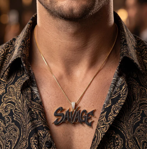Pendentif Hip Hop SAVAGE plaqué or 24 carats avec lettre en diamant noir, collier Iced Out pour hommes - Product Image 6