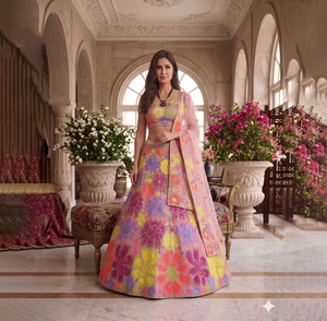 Ensemble Lehenga Choli de créateur, dernière collection, pour mariage et fête traditionnelle, avec broderie, coupe ajustée, pour l'été, avec dupatta en tulle et fausse fourrure - Product Image 1