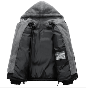 Chaqueta Acolchada con Capucha para Hombre, Color Sólido, Resistente al Viento, Relleno Grueso de Poliéster, Abrigo Casual de Invierno con Forro de Sherpa y Cierre de Cremallera - Product Image 4