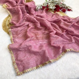 Sari VASTRA COTTAGE Premium en Rosa Polvoriento, Suave y Texturizado, con Bordado de Lentejuelas y Hilos Pesados, y Borde Multicolor de Diseño - Product Image 2
