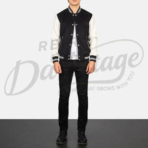Blouson bomber varsity en laine noire pour homme avec manches en cuir véritable, poignets côtelés rayés, style classique Letterman, vêtement d'extérieur de style baseball - Product Image 4