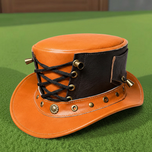 Chapeau haut de forme en cuir orange et noir, fait main, de qualité supérieure, avec corset, pour cosplay gothique steampunk - Product Image 2