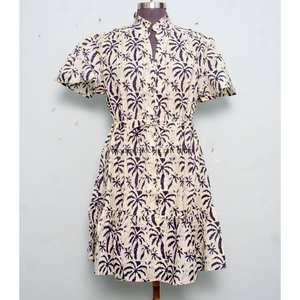 Stylish Elegant Vintage Summer Beach <b>Mini</b> Dress Women Handmade Organic Cotton O-Neck Long Sleeve A-Line Floral Print Breathable - Product Image 1