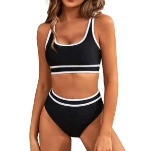 Ensemble de maillot de bain sportif 2 pièces pour femme, col rond, sans manches, short taille haute, en Spandex et Polyester, séchage rapide, color block, écologique - Product Image 1