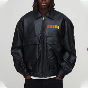 New Article <b>Men's</b> Black PU Leather <b>Bomber</b> <b>Jacket</b> Turn-down Collar Zipper Closure Front Logo Print Regular Fit Autumn Wear - Product Image 1