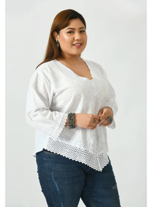 Kurta Étnica Bordada de Algodón Blanco para Mujer, Corte Regular, Estilo Informal, Diseño Tradicional de India y Pakistán, para Verano - Product Image 4