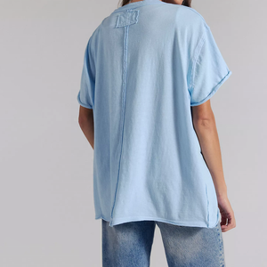 High Quality Women Oversized Light Blue V Neck <b>T</b>-<b>Shirt</b> Casual Loose Fit Short Sleeve Distress Cotton Top For Women Plus Size Tee - Product Image 2