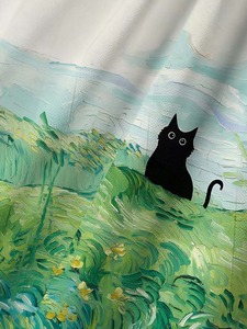 Unisex Short Sleeve Shirt Full Print Black Cat In Green Field Summer Breathable <b>Polyester</b> Turn-down Collar Regular Fit - Product Image 4