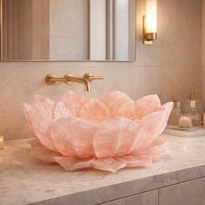 Lavabo de Baño de Cuarzo Rosa con Forma de Flor de Loto, Lavabo de Cristal Rosa de Lujo, Lavabo de Piedra Tallado a Mano, Lavabo de Estilo Spa - Product Image 2