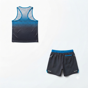Ensemble de débardeurs sportifs pour hommes, imprimé géométrique, séchage rapide, polyester, tenue d'entraînement d'été, bleu noir, col en V, shorts - Product Image 4