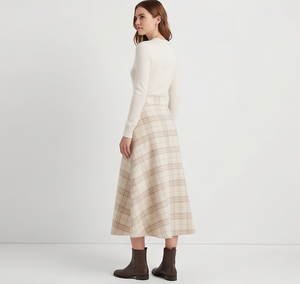 Falda Midi de Franela a Cuadros de Cintura Alta para Mujer con Detalles de Botones Delanteros, Estilo Vintage Personalizado, Color Crema - Product Image 4