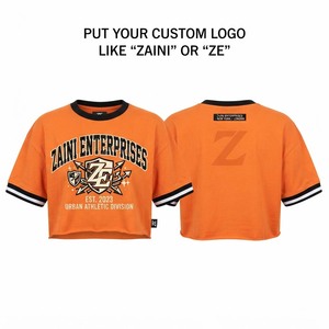 Women Slim Crop <b>Top</b> T-Shirt Premium 200 GSM Cotton Jersey Knitted Orange Black Short Sleeve Rib Trim Streetwear Trendy Apparel - Product Image 1