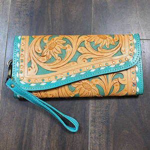 Cartera de mano de cuero genuino turquesa hecha a mano con patrón floral nuevo para mujer, tarjetero y monedero largo para compras - Product Image 2