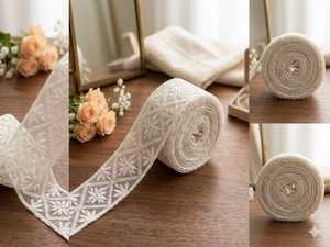 High Quality Premium White Organza Glass Nylon <b>Lace</b> Trim - Geometric Star and Diamond Lattice Embroidered Border for Dresses - Product Image 2