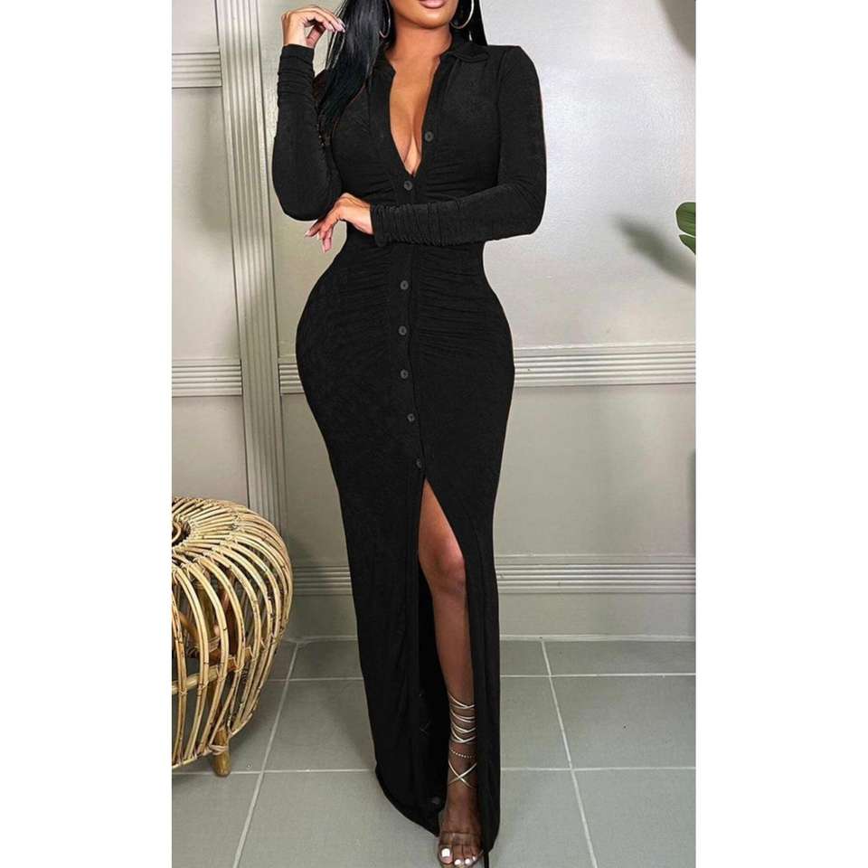 Women s Long Sleeve Half Magnetic Collar Gather Detail Buttoned Dress - 70397