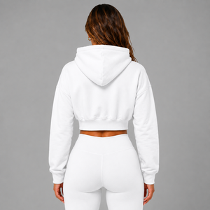 <b>Women</b> Cotton Casual Crop <b>Hoodie</b> <b>White</b> Solid Color Full Sleeve Hooded Sweatshirt Fleece Breathable Loose Fit Autumn Wear - Product Image 2