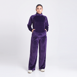 Women Velour Tracksuit Casual Long Sleeve <b>Stand</b> Collar Pullover Baggy Fleece <b>Drop</b> Shoulder Winter Wear Velvet Tracksuit Ladies - Product Image 5