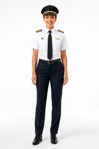 Uniformes de Piloto de Aerolínea Personalizados OEM ODM |   Conjunto Completo de Manga Corta para Mujer, Diseño Entallado, Viscosa Premium |   Uniforme de Verano X Sports City - Product Image 1