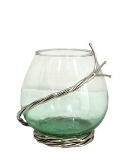 Frutero Contemporáneo de Vidrio Verde con Base de Alambre Plateado Trenzado - Centro de Mesa Decorativo Redondo para el Hogar Moderno - Product Image 2