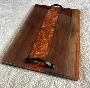 Artisan Luxury <b>Epoxy</b> Resin & Acacia Wood Multipurpose Serving Tray with Polished Gold Metal Handles for Housewarming & Wedding - Product Image 1