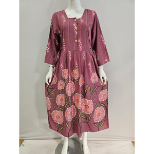Robe midi décontractée pour femmes, bleu rayé, imprimé floral, manches trois quarts, col carré, coupe ample, coton respirant, tenue de tous les jours - Product Image 4