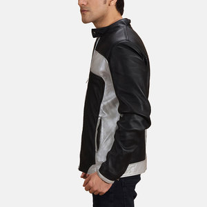 Men's Black And <b>Silver</b> Leather Moto <b>Jacket</b> Zip Front Regular Fit Autumn Wear - Product Image 2