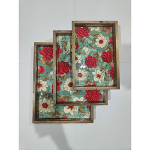 Ensemble de plateaux de service en bois de manguier faits à la main, art émaillé botanique doré, plateaux décoratifs en bois avec poignées, décoration de luxe pour la maison - Product Image 5
