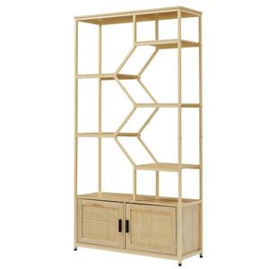 Natural <b>Rattan</b> 7-Tier Bookshelf 39.4 W X 13.8 D X 75.6 H <b>Bookcase</b> Storage Rack Cabinet for Living Room or Home Office - Product Image 6