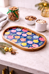 Plateau de service ovale grand format en bois de manguier émaillé, fait main, avec motif cloche, pour snacks et fruits secs, idéal pour la maison et la restauration. - Product Image 5