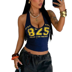 Custom logo Sexy Ladies Vintage Number Print Halter Tank <b>Top</b> Women Y2K Slim Fit Backless Camisole Streetwear OEM Women's Shirts - Product Image 1