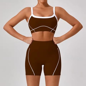 Conjunto Deportivo de 2 Piezas para Mujer, al por Mayor, Personalizado, Color Sólido, Shorts Elásticos de Cintura Media y Sujetador Deportivo Cruzado, para Yoga y Gimnasio - Product Image 2