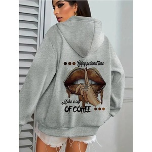 Sweat-shirt rose à capuche pour femme, coupe oversize, imprimé lèvres café, motif lettres au dos, tricoté, manches longues, style décontracté automne - Product Image 2