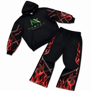 Ensemble sweat à capuche et pantalon de survêtement personnalisé pour homme, imprimé flamme, 2 pièces, tenue streetwear hiver, style hip-hop, survêtement polaire - Product Image 1