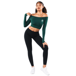 Top Corto Deportivo Elástico Verde sin Costuras para Mujer, con Hombros Descubiertos y Manga Larga, para Gimnasio, Yoga, Entrenamiento, Ejercicio, Ropa Deportiva - Product Image 3