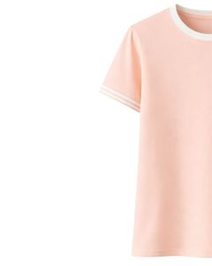 เสื้อยืดคอกลมผู้หญิงสีพีชแบบสั่งทำจากโรงงาน พร้อมปกเสื้อสีขาวตัดกันและแถบแถบคู่ที่แขนเสื้อ  ผ้าฝ้ายลำลองสำหรับฤดูร้อน - Product Image 3