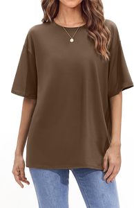 Haut court marron à col en V et manches courtes pour femme, coupe classique, en coton tricoté, couleur unie, respirant, écologique, séchage rapide - Product Image 2