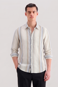 Camisas Casuales de Verano para Hombre Enovate, Diseño Poppy a Rayas, Lino/Algodón, Manga Larga, Doble Botonadura, Transpirables, ODM - Product Image 2