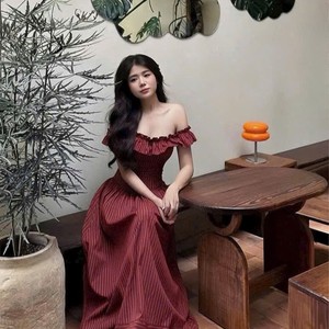 Custom Vintage A-Line <b>Spaghetti</b> <b>Strap</b> Mini Bow off Shoulder Woven Daily Natural Waist Dress for OEM Women Summer Wear - Product Image 1