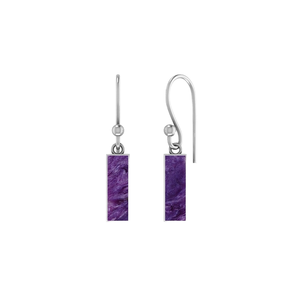 Boucles d'oreilles pendantes en argent sterling 925 de haute qualité, finition haut de gamme, charoïte d'eau de mer, forme baguette double cœur, sertissage en bélière, cadeau tendance - Product Image 2