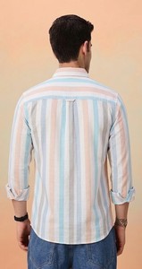 Chemise décontractée Enovate pour homme, rayée bleu et rose, 100 % coton tissé, double boutonnage, manches longues, col rabattu, respirante, été - Product Image 2