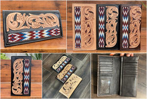 Cartera plegable larga personalizada recién llegada para hombre, piel auténtica mecanizada a mano con Tarjetero con detalles florales y con cuentas - Product Image 3