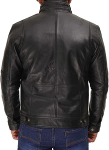Chaqueta de cuero genuino negra para hombre, con cuello alto, estilo motociclista, informal, con cremallera, múltiples bolsillos, elegante, para invierno. - Product Image 3