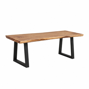 Juego de Comedor Rectangular Moderno de Madera Maciza de Suar con Bordes Naturales, Patas de Hierro, 2 Bancos, 6 Plazas, para Restaurante, Cafetería, Villa, Hotel - Product Image 2