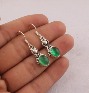 Wholesale 925 Sterling <b>Silver</b> Lapis Lazuli Oval <b>Dangle</b> <b>Earrings</b> Vintage Handcrafted Two Tier Bead Accent Drop Engagement - Product Image 1