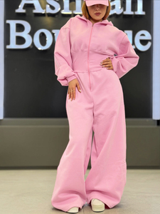 Custom 2026 Women Hooded Jumpsuit Fleece Onesie Wide Leg Zip Up <b>Romper</b> Casual Streetwear Lounge Wear Custom Logo Wholesale - Product Image 5