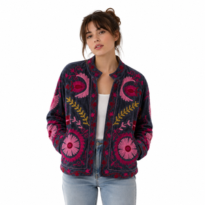 Veste en coton brodée à la main à motifs floraux pour femmes, style Prairie Chic, col rabattu, manches longues, style printemps - Product Image 1